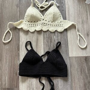 Two Home-made Crochet Halter Tops in Cream and Black
